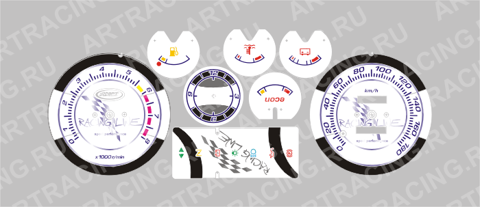 вставка в панель приборов ВАЗ 2104, 2107, RACING LINE (зеркало), фон бел., подсв. син.