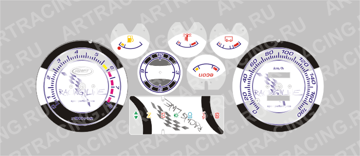 вставка в панель приборов ВАЗ 2104, 2107, RACING LINE (зеркало), фон сереб., подсв. син.