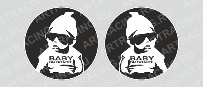 наклейка "Baby on board (черные очки)", круг, D-150 мм, черный фон